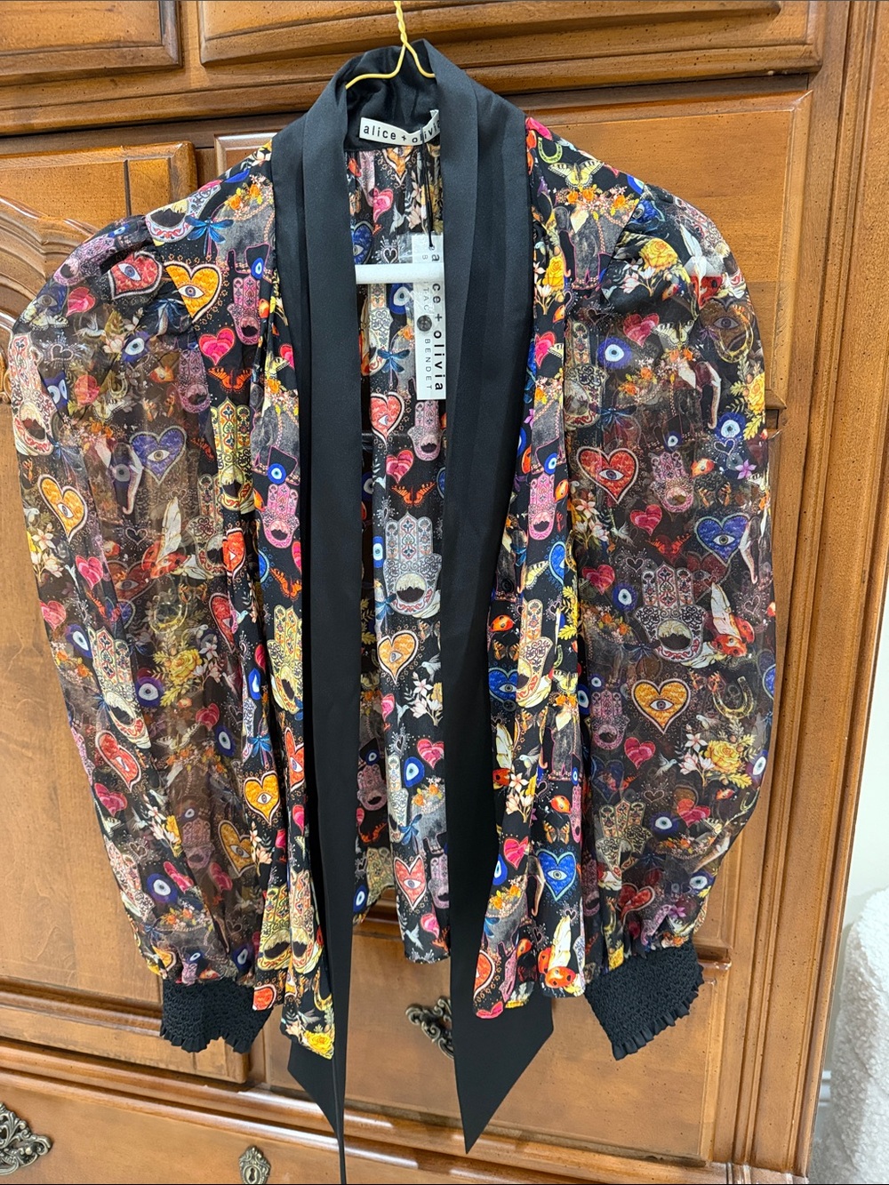 Alice + Olivia Black Sheer Heart & Motif Print Blouson Jacket